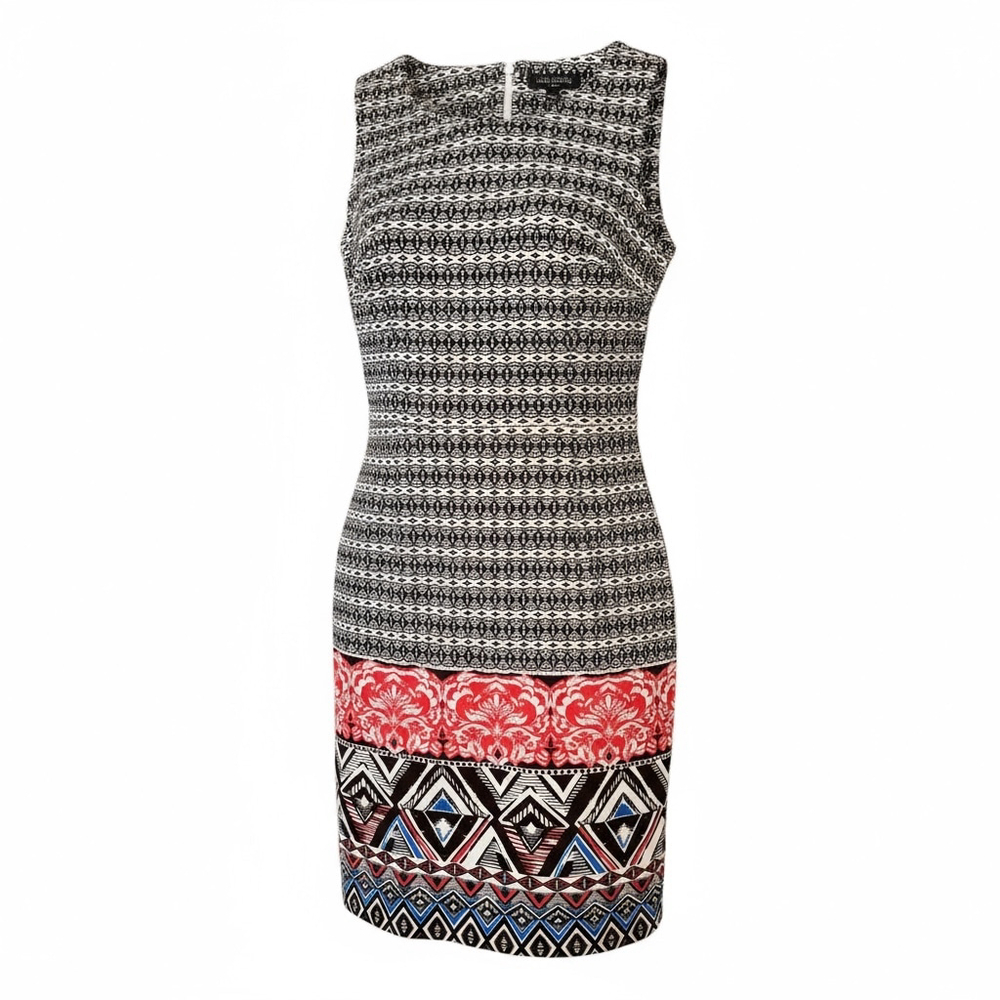 Women's Tribal Print Bodycon Dress, Black and White Pattern with Red Accent Band